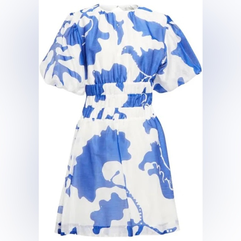 SIR. The Label Blue and white backless puff sleeve dress